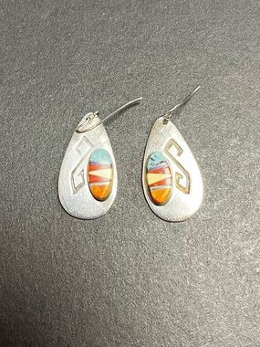 Sterling Teardrop Inlay Earrings with Turquoise and Orange Accents